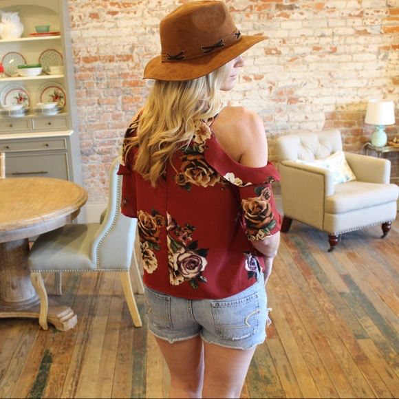 ✨LAST✨Marsala Floral Cold Shoulder Ruffle Top - Picture 4 of 4